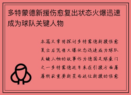 多特蒙德新援伤愈复出状态火爆迅速成为球队关键人物