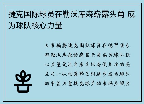 捷克国际球员在勒沃库森崭露头角 成为球队核心力量