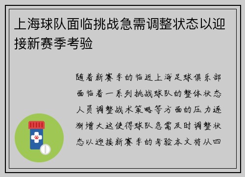 上海球队面临挑战急需调整状态以迎接新赛季考验