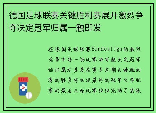 德国足球联赛关键胜利赛展开激烈争夺决定冠军归属一触即发