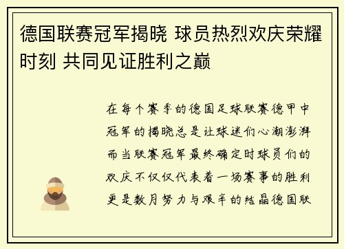 德国联赛冠军揭晓 球员热烈欢庆荣耀时刻 共同见证胜利之巅