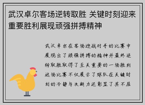 武汉卓尔客场逆转取胜 关键时刻迎来重要胜利展现顽强拼搏精神