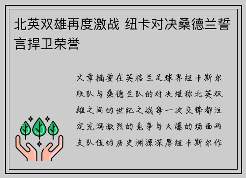 北英双雄再度激战 纽卡对决桑德兰誓言捍卫荣誉